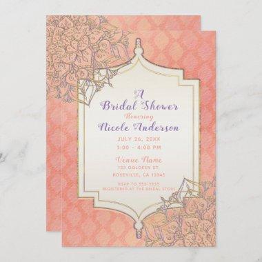 Coral Gold Lavender Moroccan Arabian Bridal Shower Invitations