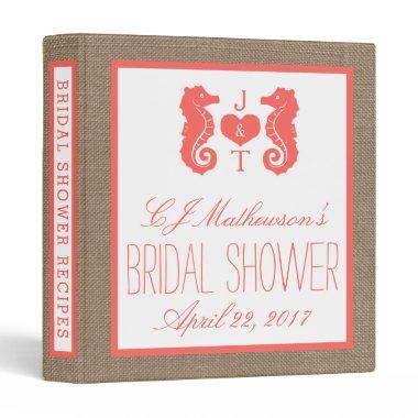 Coral Monogram Seahorse Beach Bridal Shower Recipe Binder