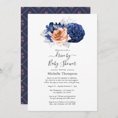 Coral, Navy and Silver Floral Wedding Invitations