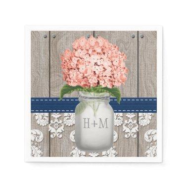 Coral Navy Blue Monogrammed Hydrangea Mason Jar Napkins