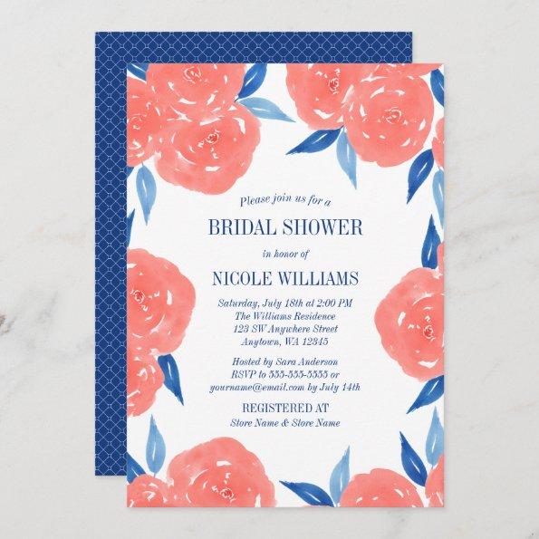 Coral Navy Blue Watercolor Flowers Bridal Shower Invitations