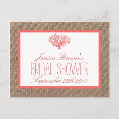 Coral On Burlap Beach Bridal Shower Recipe Invitations
