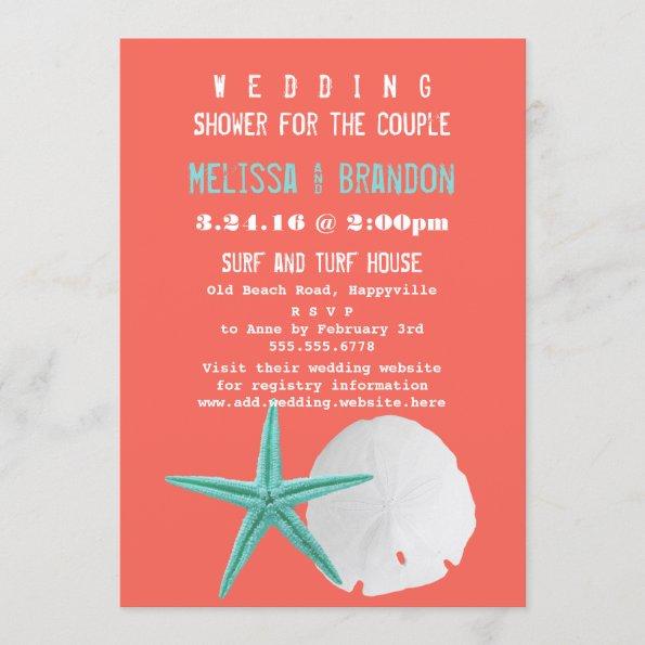 Coral Orange and Blue Beach Shells Wedding Shower Invitations