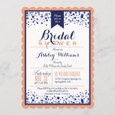 Coral Orange, White, & Navy Blue Bridal Shower Invitations