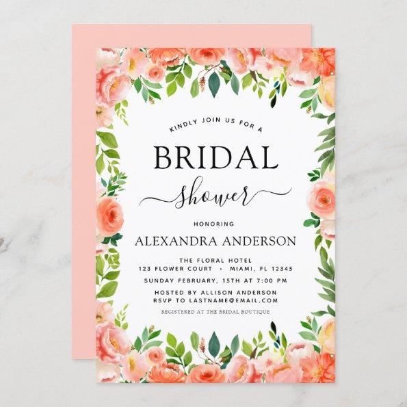 Coral Peach Bridal Shower Floral Greenery Invitations