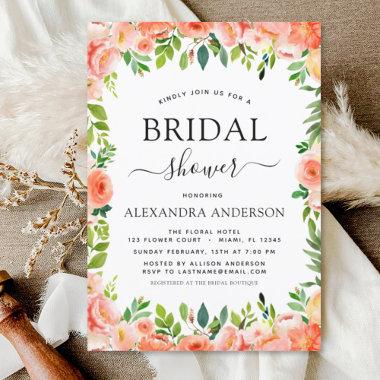 Coral Peach Bridal Shower Floral Greenery Invitations