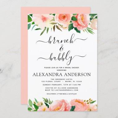 Coral Peach Brunch & Bubbly Bridal Shower Floral Invitations