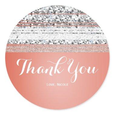 Coral Peach Dipped Chic Silver Bling Party Favor Classic Round Sticker