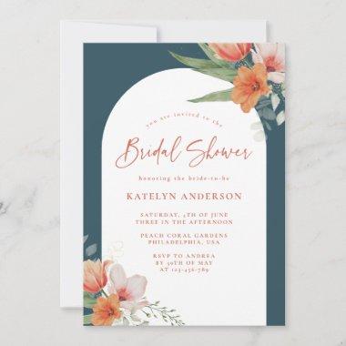 Coral Peach Floral Arch Teal Blue Bridal Shower Invitations