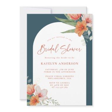 Coral Peach Floral Arch Teal Blue Bridal Shower Invitations