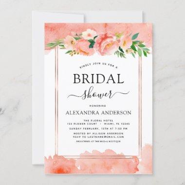 Coral Peach Floral Geometric Bridal Shower Invitations