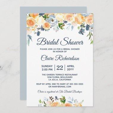 Coral Peach Navy Watercolor Floral Bridal Shower Invitations