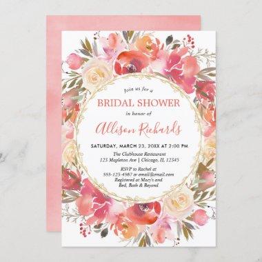Coral pink floral watercolor bridal shower Invitations