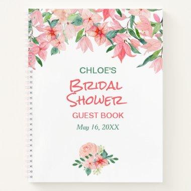 Coral Pink Green Floral Border Bridal Shower Guest Notebook