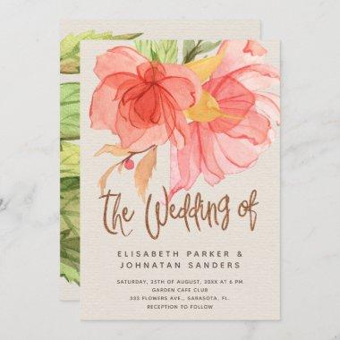 Coral pink green summer watercolor floral wedding Invitations