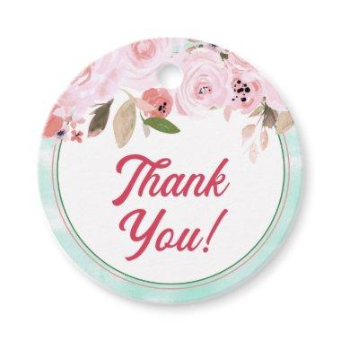 Coral Pink & Mint Watercolor Floral Thank You Favor Tags