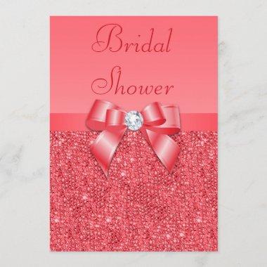 Coral Pink Printed Sequins & Diamond Bridal Shower Invitations