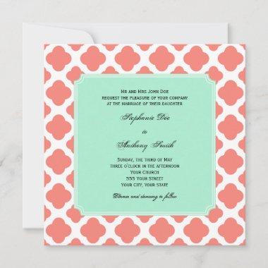 Coral Pink Quatrefoil and Mint Green Wedding Invitations