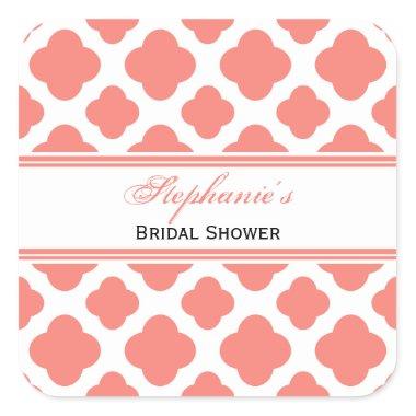 Coral Pink Quatrefoil Pattern Bridal Shower Square Sticker