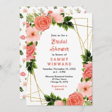 Coral Pink Red Roses Floral Bridal Shower Invitations