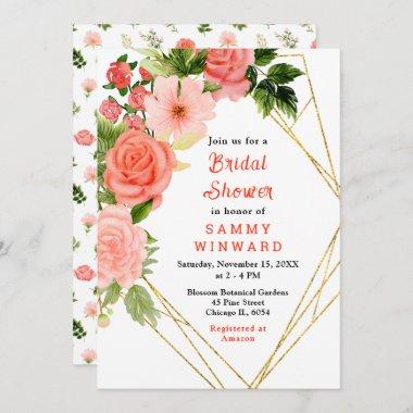 Coral Pink Red Roses Floral Bridal Shower Invitations