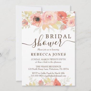 Coral Pink Rose and Gold Leaves Bridal Shower Invitations