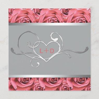 Coral Pink Rose and Gray Couples Shower Invitations