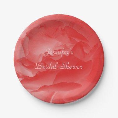 Coral Pink Rose, Name, Bridal Shower Paper Plates