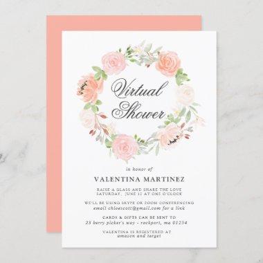 Coral Pink Rose Wreath Virtual Bridal Baby Shower Invitations