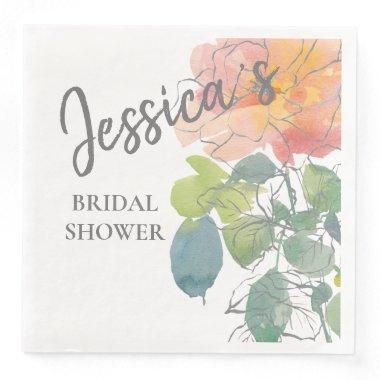 Coral Pink Watercolor Floral  Paper Dinner Napkins