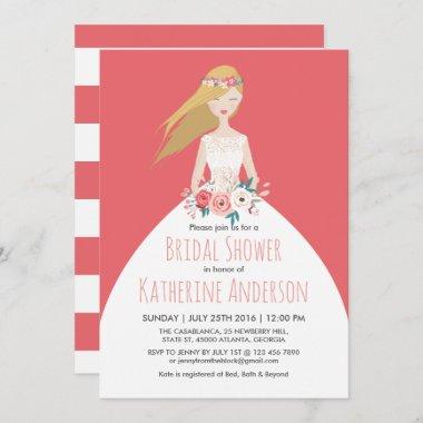 Coral Pink Wedding Dress Chic Bridal Shower Invite