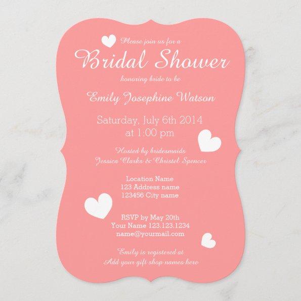 Coral pink & white heart bridal shower invitations