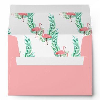 Coral Pink with Watercolor Flamingo Lining Envelope