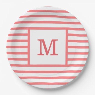Coral Red and White Stripes Custom Monogram Paper Plates
