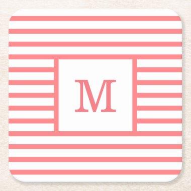 Coral Red and White Stripes Custom Monogram Square Paper Coaster