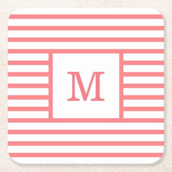 Coral Red and White Stripes Custom Monogram Square Paper Coaster