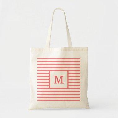 Coral Red and White Stripes Custom Monogram Tote Bag
