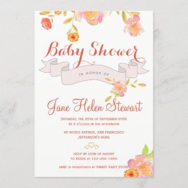 Coral red floral watercolor ribbon baby shower Invitations