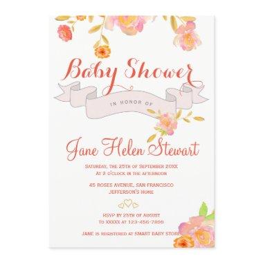 Coral red floral watercolor ribbon baby shower Invitations