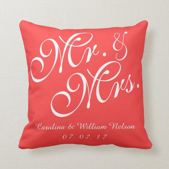 Coral Red Mr. and Mrs. Wedding Pillow