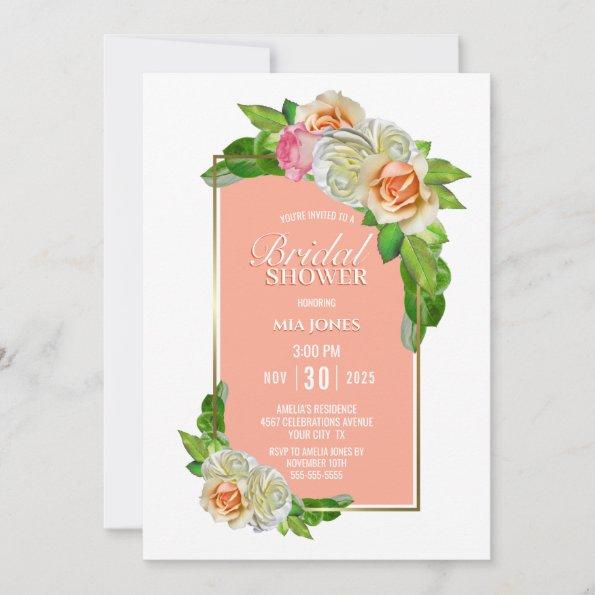Coral Rose Floral Gold Border Bridal Shower Invitations