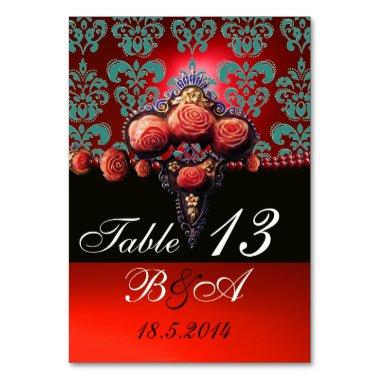 CORAL ROSES,BLACK AQUA BLUE RED DAMASK MONOGRAM TABLE NUMBER