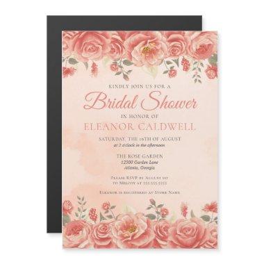 Coral Roses Chic Peach Watercolor Floral Wedding Magnetic Invitations