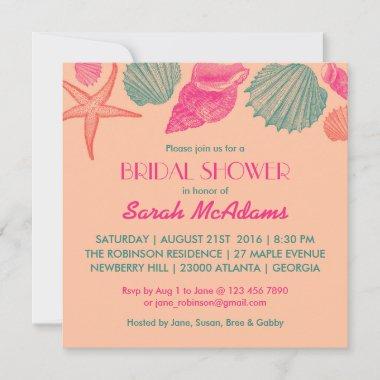 Coral Seashells Wedding Bridal Shower Invitations