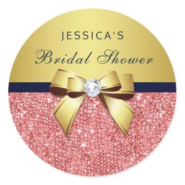Coral Sequins Gold Navy Diamonds Bow Bridal Shower Classic Round Sticker