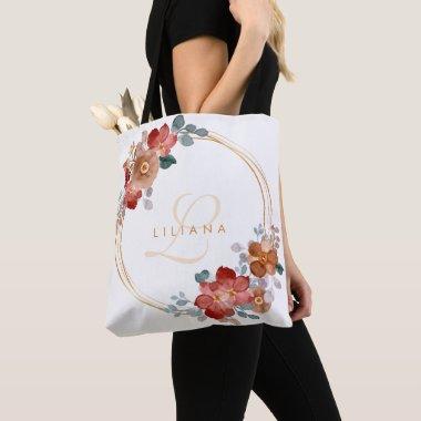 Coral Sienna Watercolor Floral Monogram Wreath Tote Bag