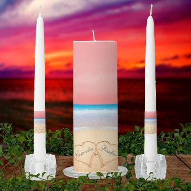 Coral Sunset Autumn Beach Wedding 2 Hearts Sand Unity Candle Set
