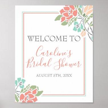 Coral & Teal Modern Floral Bridal Shower Welcome Poster