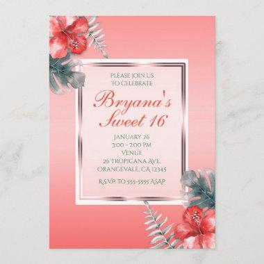 Coral Tropical Hibiscus & Leaves Party Invitations