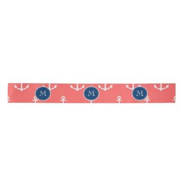 Coral White Anchors Pattern, Navy Blue Monogram Satin Ribbon